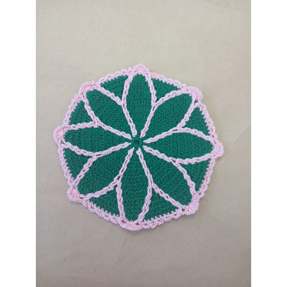 Round Crocheted Trivet Green & Pink Cottagecore Granniecore