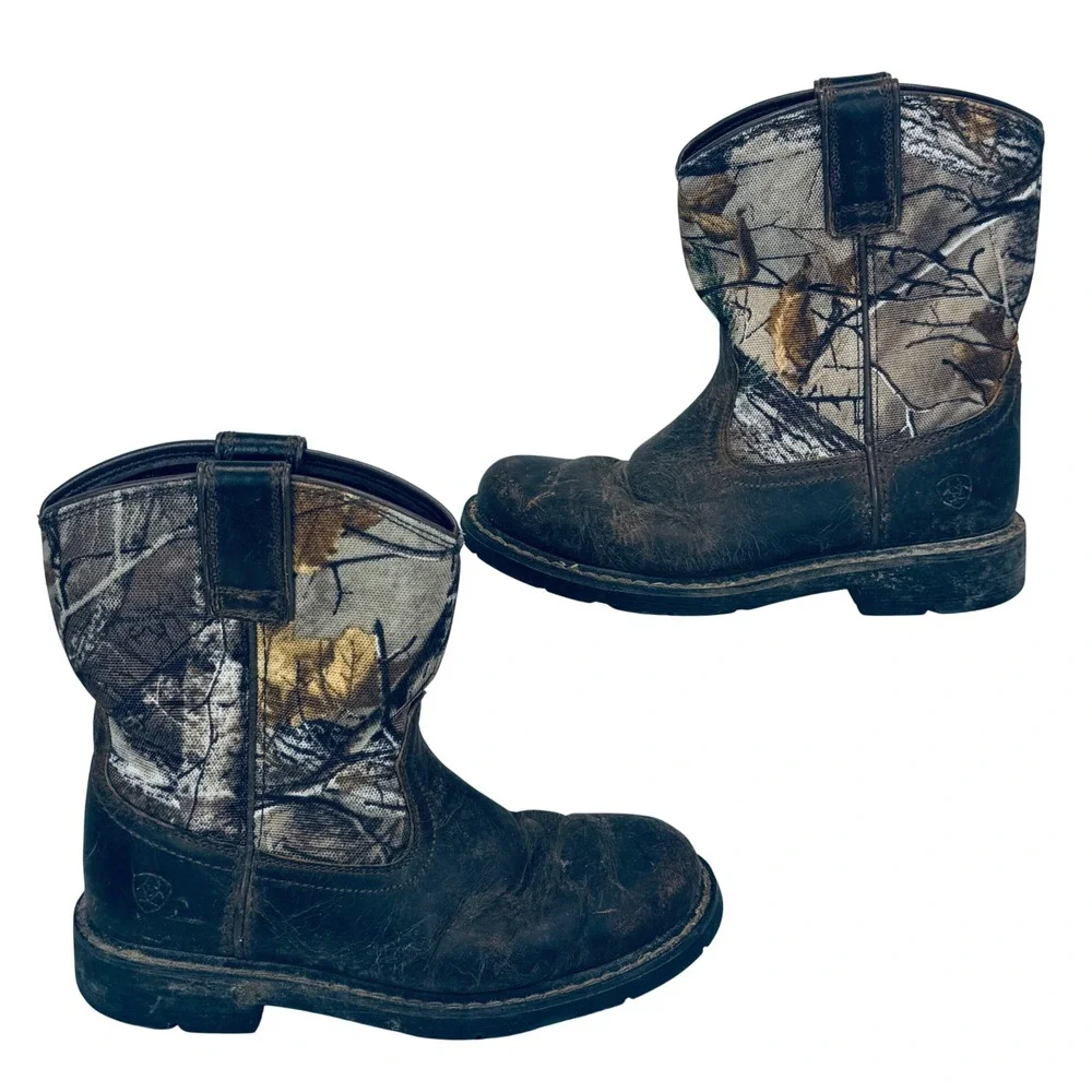 Ariat Kids Fatbaby‎ Camo Leather Western Boots 1.5 Distressed Ranch Farm Outdoor