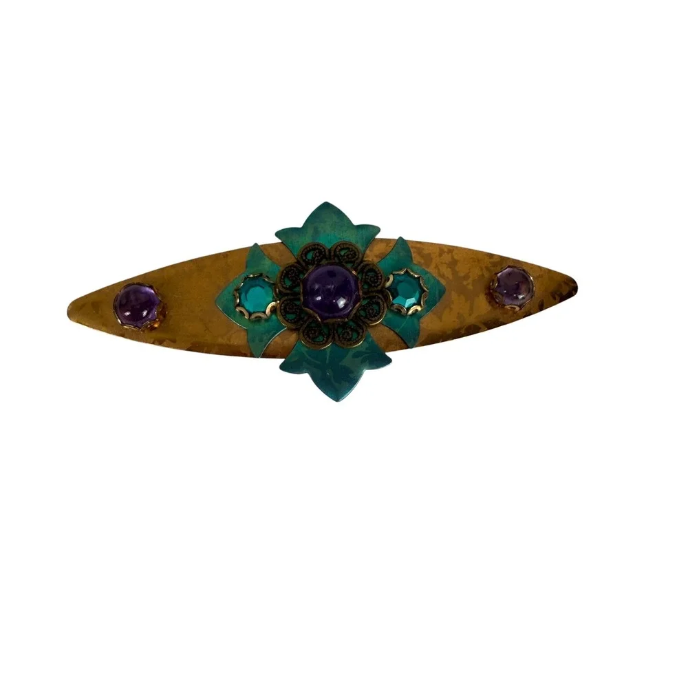 Vintage Copper Verdigris Brooch Purple Teal Crystal‎ Floral Filigree Pin 2.5
