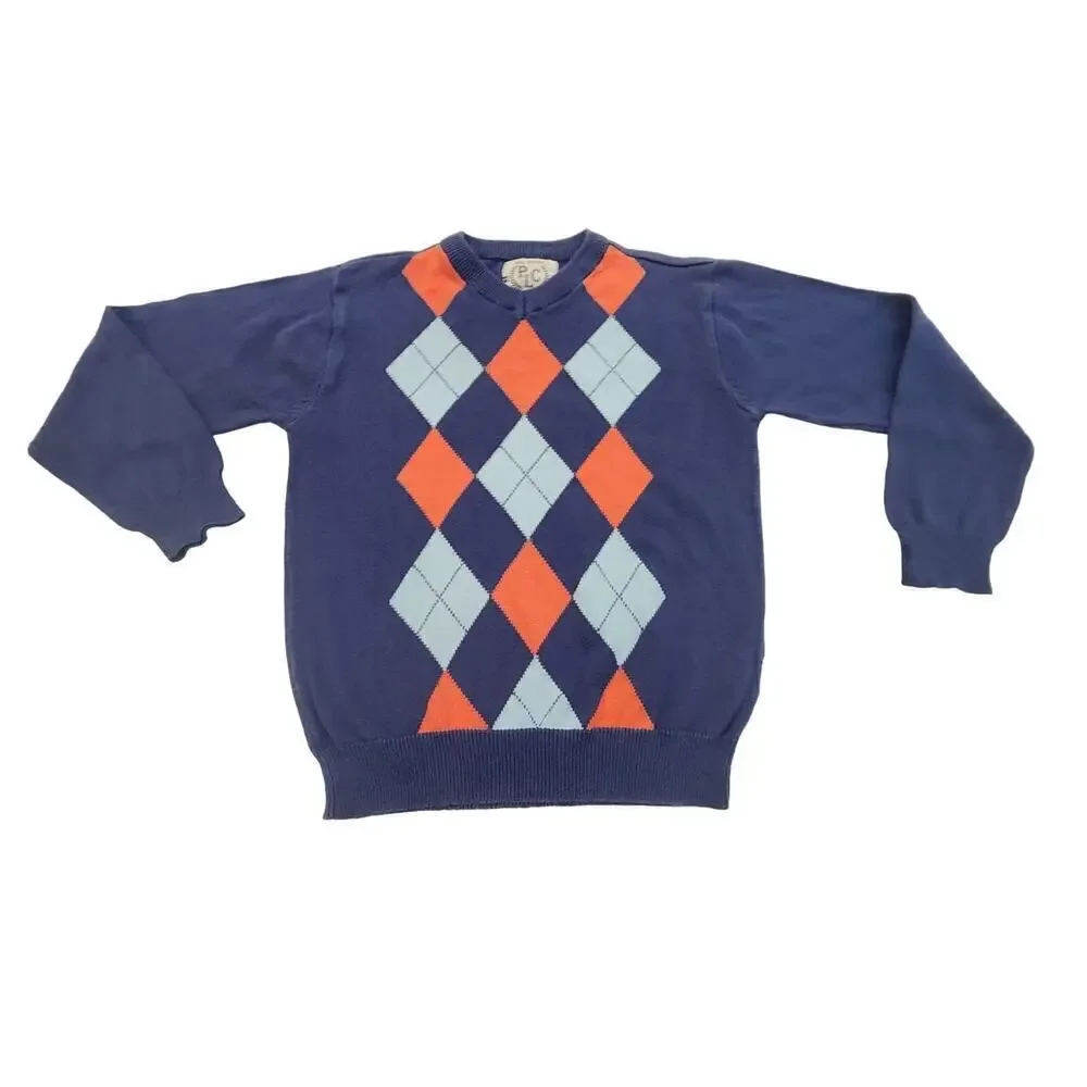 THE‎ CHILDRENS PLACE Navy Blue Orange Argyle  Cotton V-Neck Sweater Boys Small