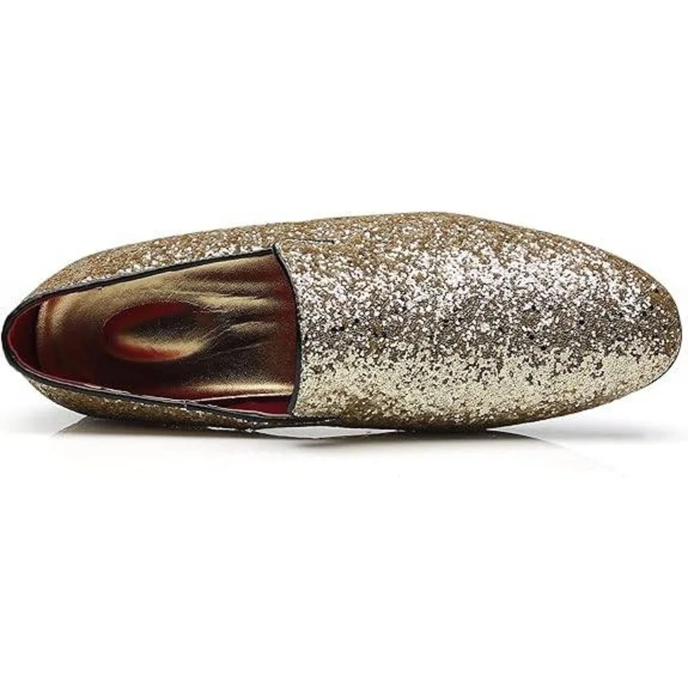Santimon Men's US‎ 12 Gold Glitter Slip-On Loafers Sequin Dress Shoes