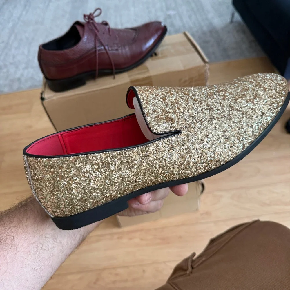 Santimon Men's US‎ 12 Gold Glitter Slip-On Loafers Sequin Dress Shoes