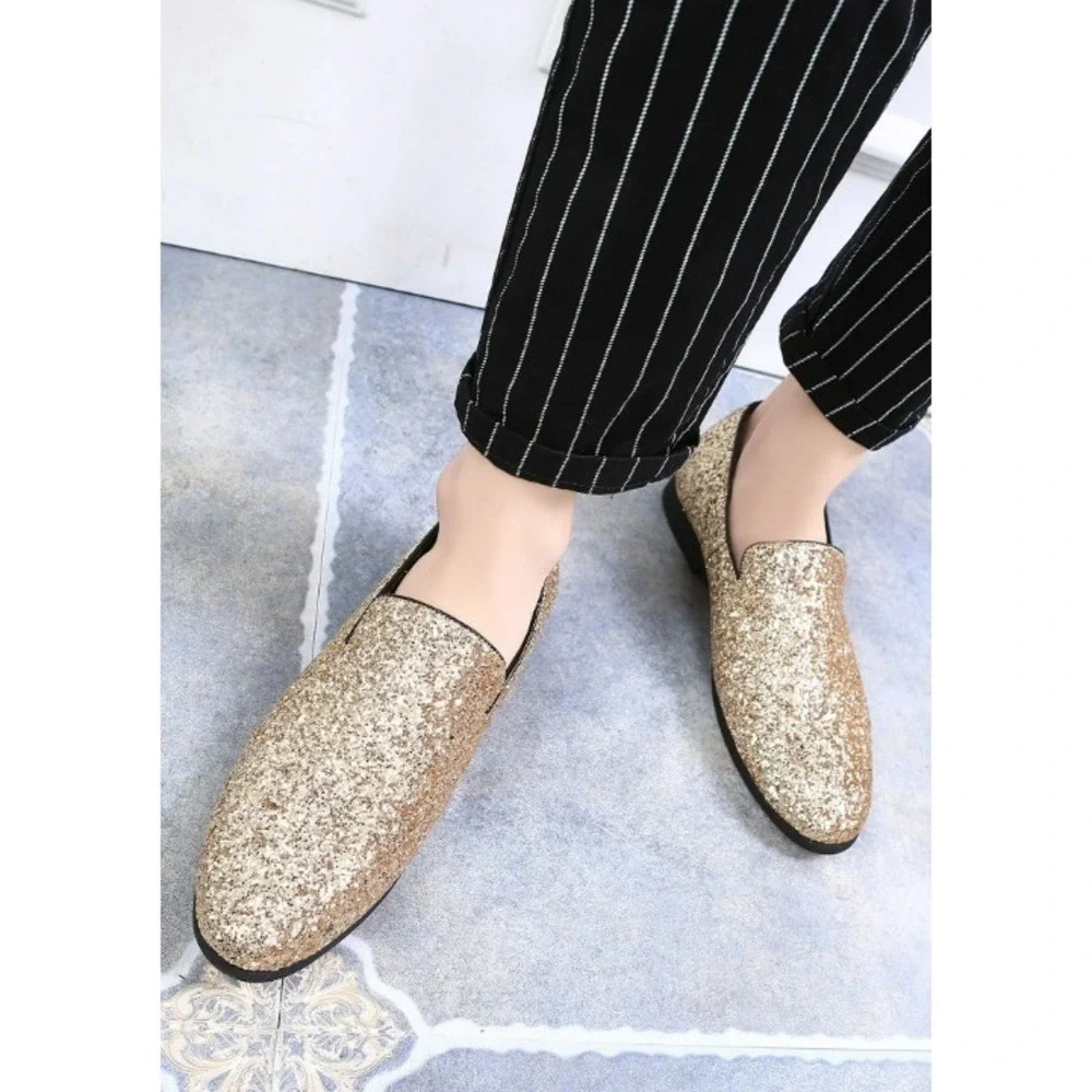Santimon Men's US‎ 12 Gold Glitter Slip-On Loafers Sequin Dress Shoes