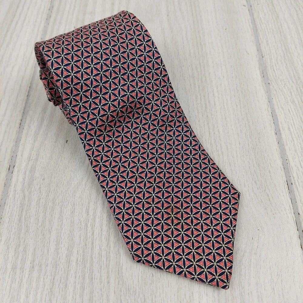 Brooks Brothers Makers Tie Mens OS Navy Pink Silk Geometric Flower Made in‎ USA