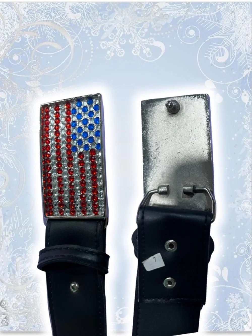 Black Leather Belt with Rhinestone American Flag Buckle
