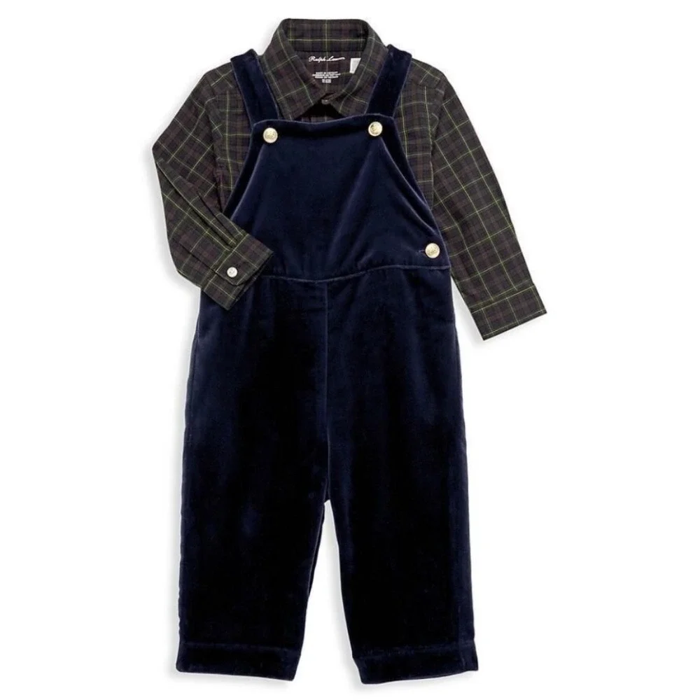 Polo Ralph Lauren Boy's Plaid-Print‎ Shirt & Velvet Overalls Set Size 24M