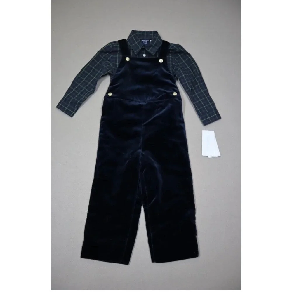 Polo Ralph Lauren Boy's Plaid-Print‎ Shirt & Velvet Overalls Set Size 24M