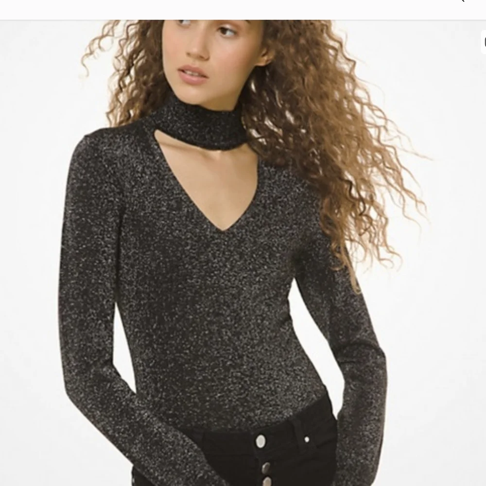 Michael Kors Black‎ Metallic Long-Sleeve V-Neck Top with Choker