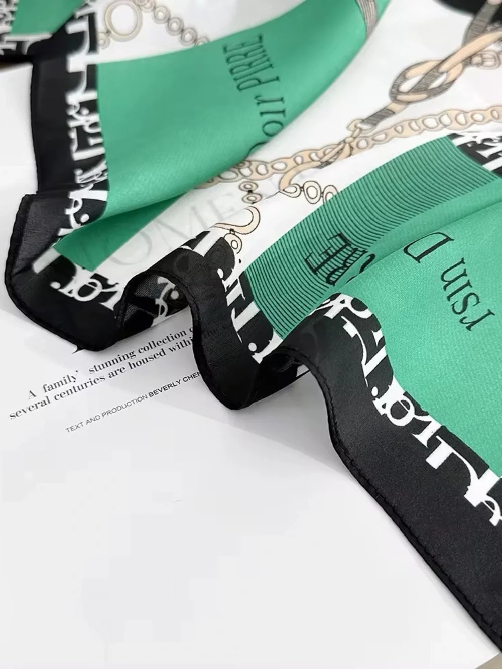90cm x 90cm Dior Green Black White Silk Scarf with Chain Print