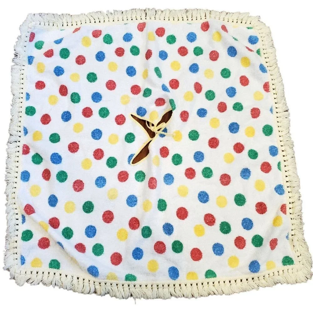 Vintage 70s Toddler Terrycloth Poncho‎ Polka Dot Fringe 26 X 26