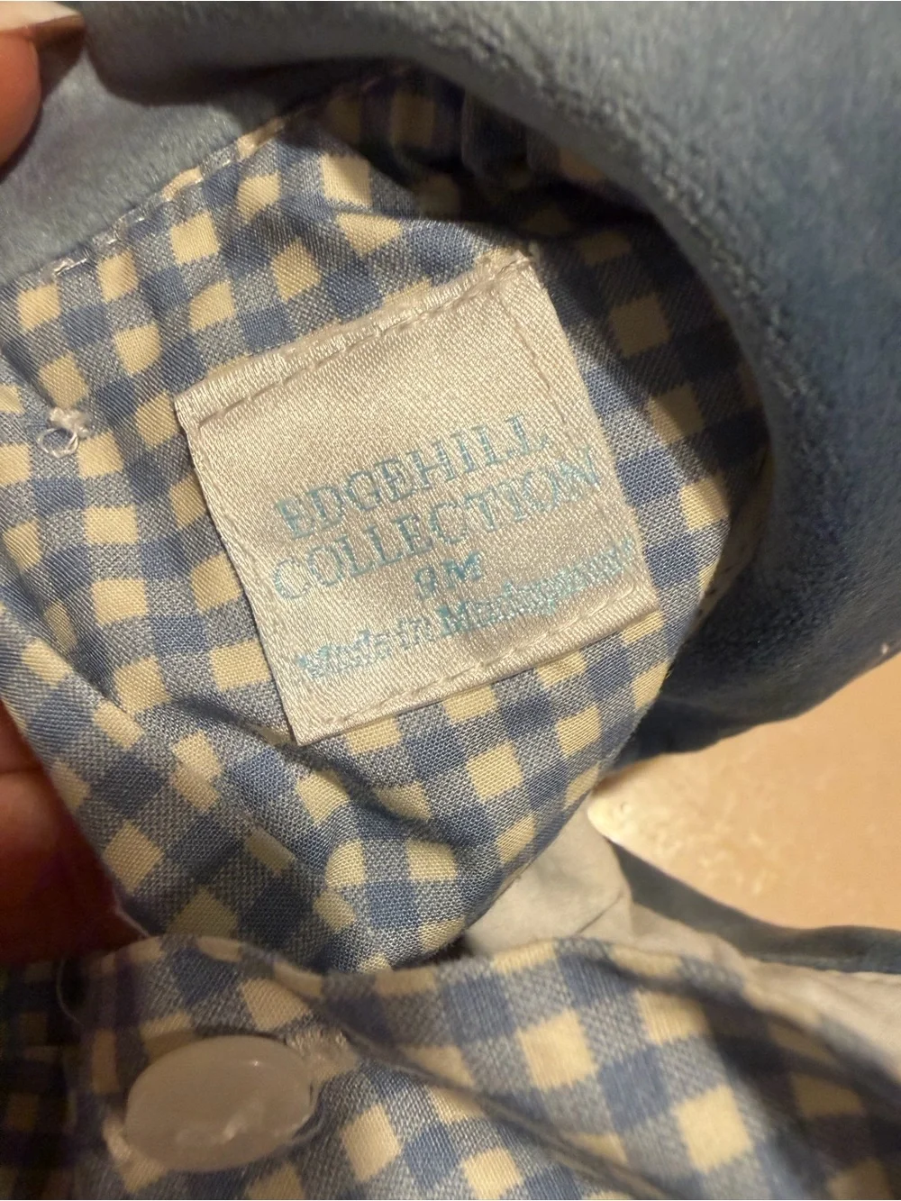 NEW!!  Edgehill Collection Blue and White Gingham Baby Romper with Velvet Collar