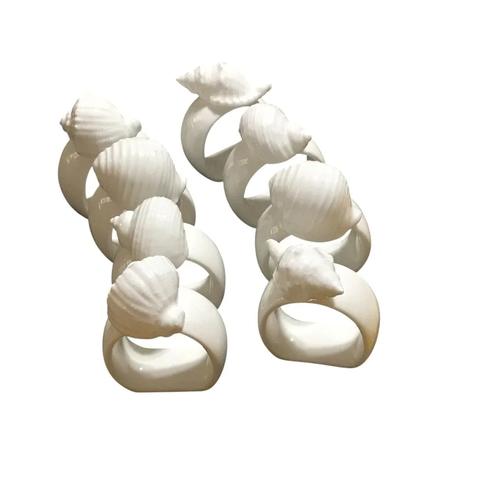 Set of 8 White Ceramic Seashell Napkin Rings Coastal Nautical Beach Decor conch