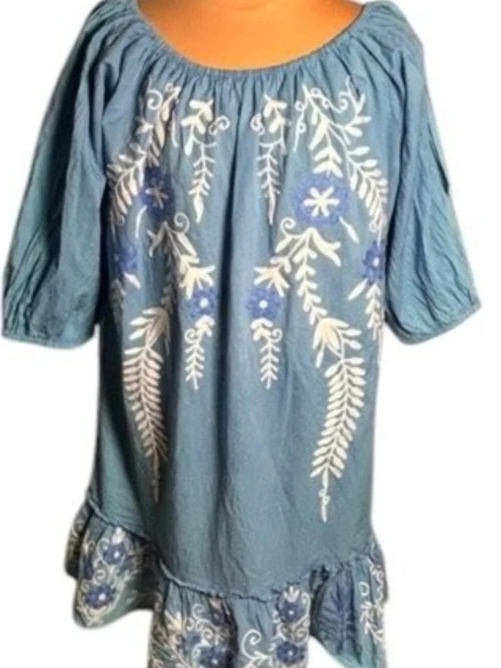 Debbie Katz Blue Embroidered Boho Beach Cover Up Off Shoulder Cotton L