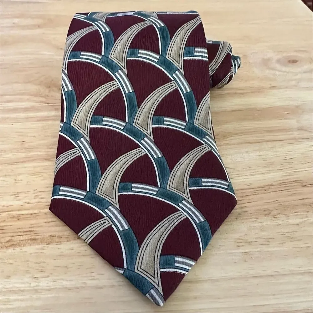 Henry Grethel Men's‎ Handmade Silk Tie Geometric Abstract Maroon blue Pattern