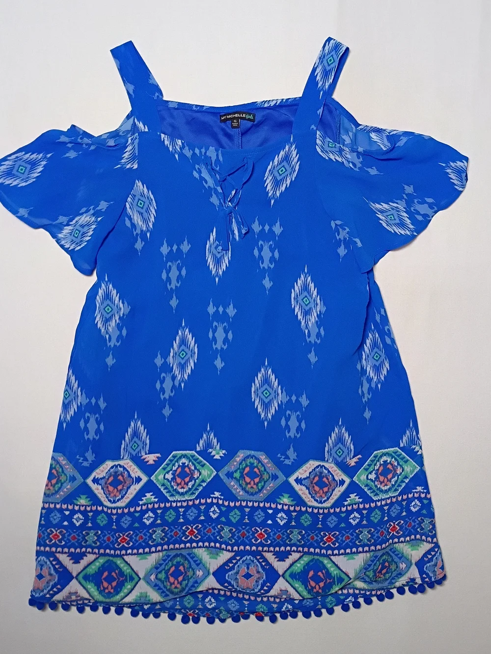 My Michelle Girls A Line Shift Dress Size 16 Blue Geometric Pattern Pom Trim