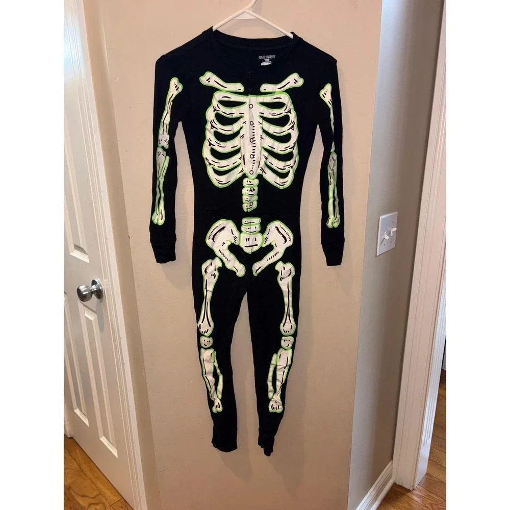 Old Navy Kids Unisex L 10 Skeleton Glow in the Dark Pajamas One Piece Costume
