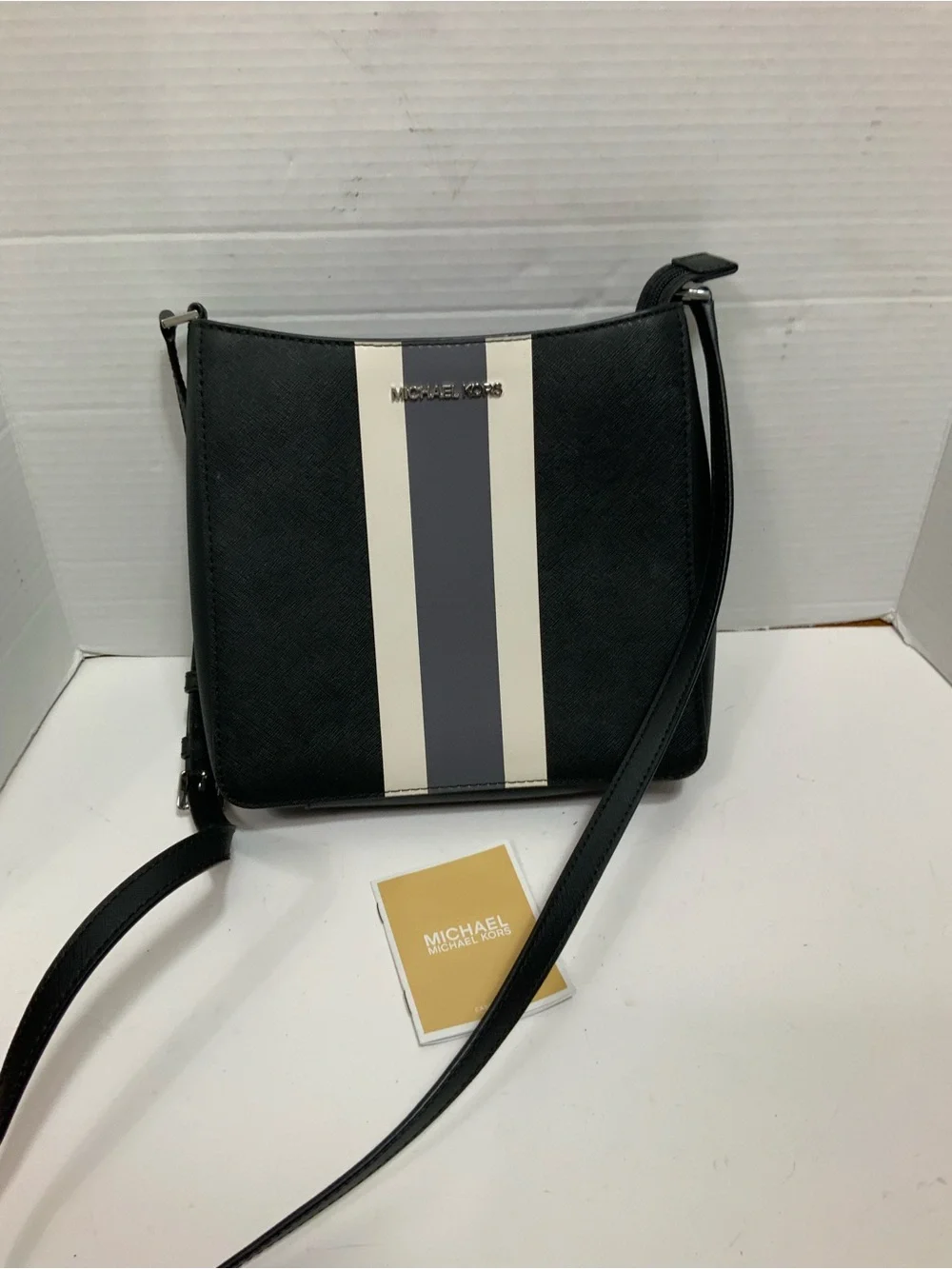 Michael Kors Women Black Saffiano Leather Center Stripe Crossbody Bag Purse