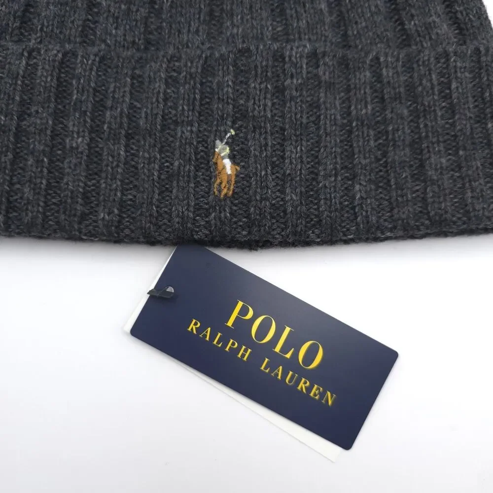 POLO‎ RALPH LAUREN New Gray Rib Knit Wool Blend Beanie Hat One Size