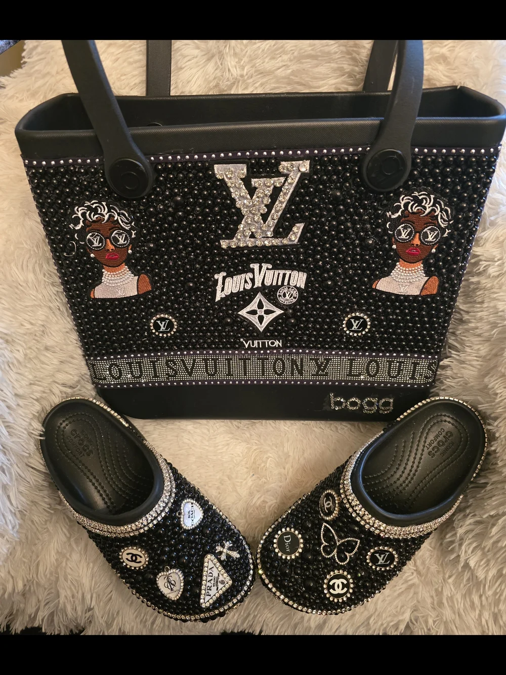 Embellished Black Tote with Matching Clogs
