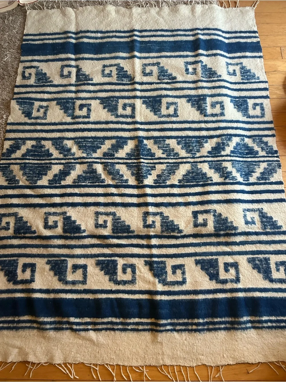 Handwoven Blue and White Alpaca Wool Blanket