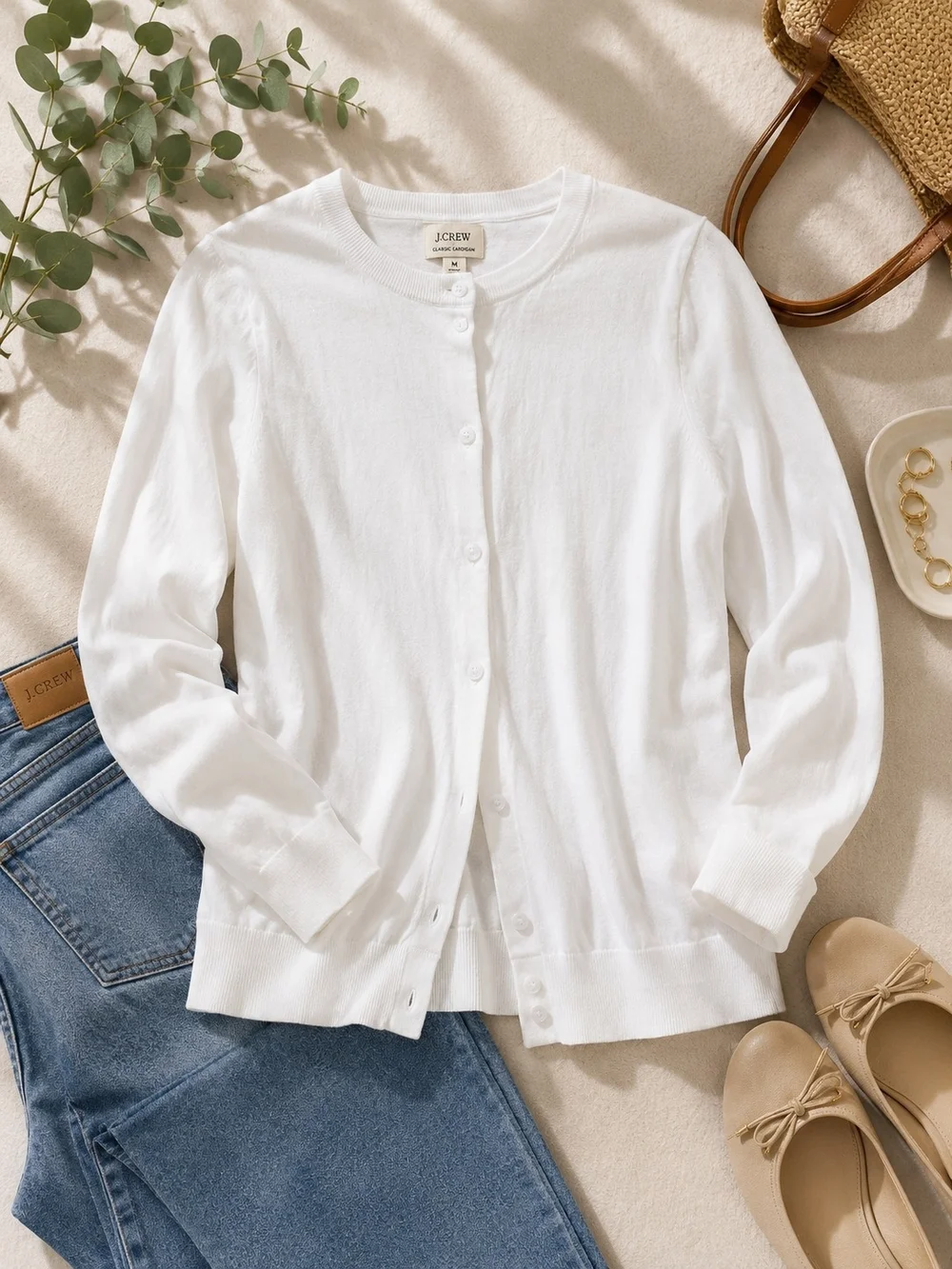 J.Crew Classic Cardigan White 100% Cotton Crewneck Button Front M