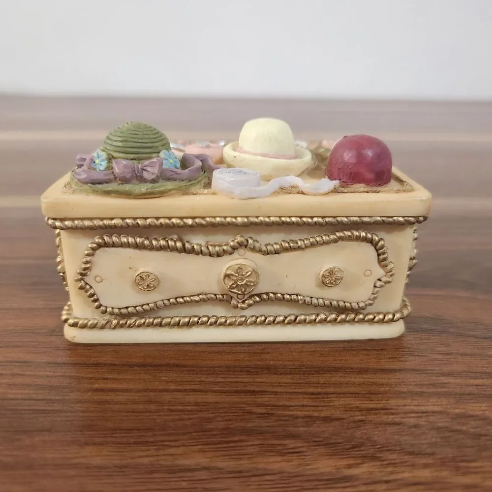 Dezine Vintage 1995 Hand Painted 3D Embossed Trinket Box Victorian Ribbons Hats