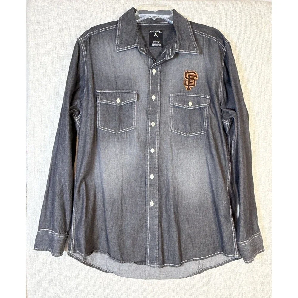 Antigua San Francisco Giants Distressed Long Sleeve Button Up Black Shirt Mens L