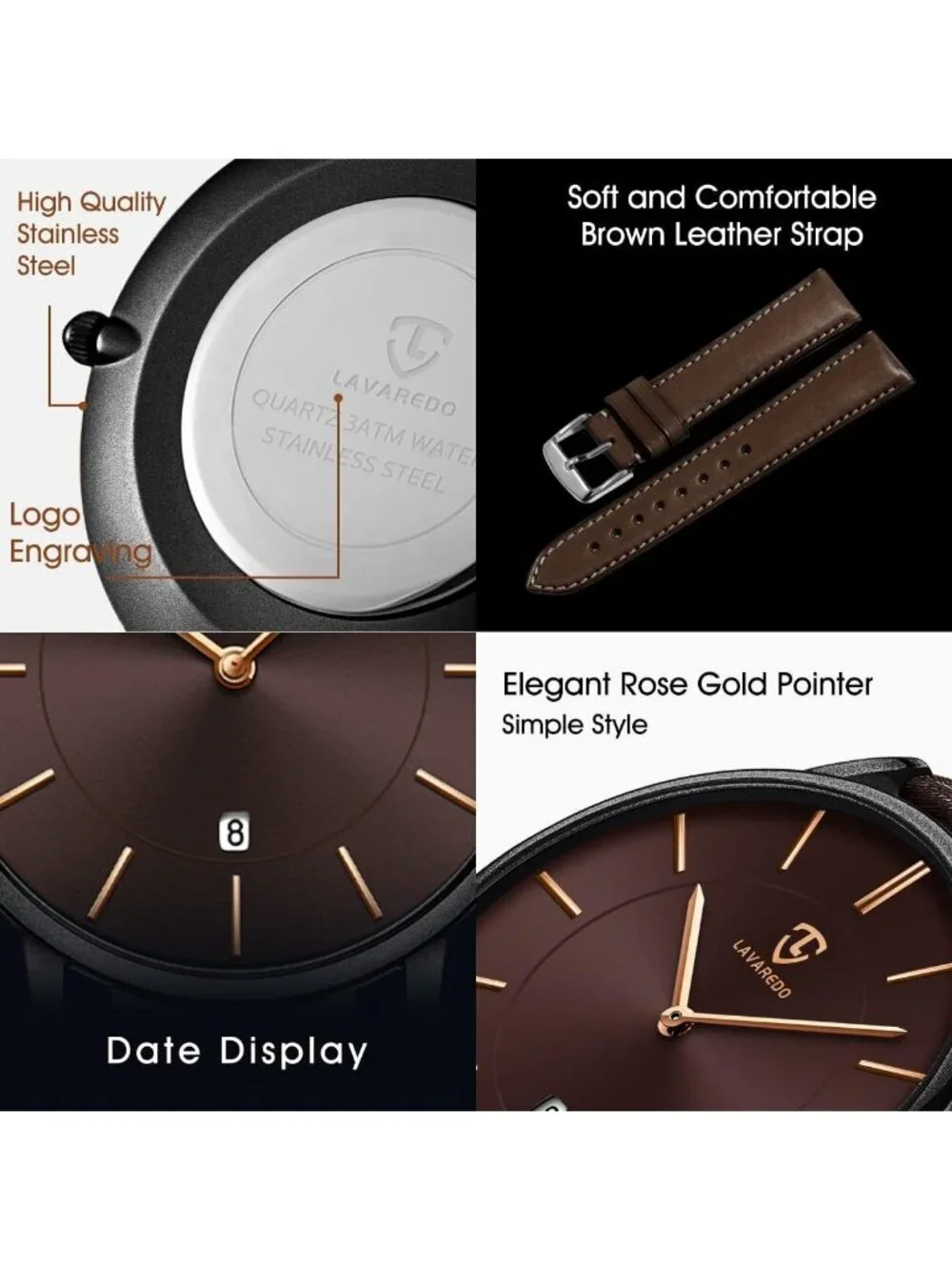 Men's Coffee Brown Leather Strap Analog Minimalist Fashion Simple Wrist Watch