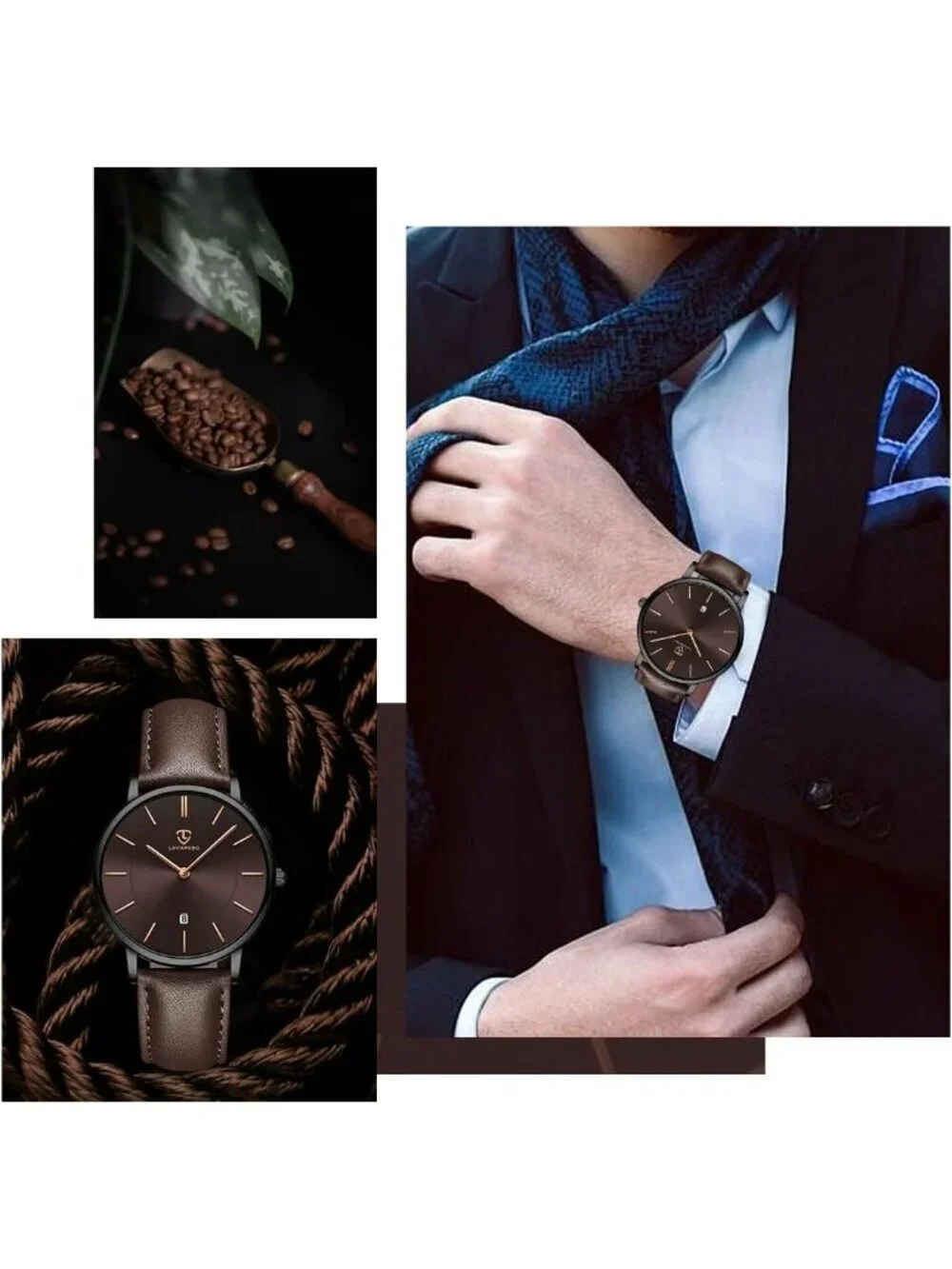 Men's Coffee Brown Leather Strap Analog Minimalist Fashion Simple Wrist Watch