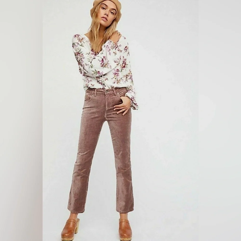 Free People‎ Dusty Pink Crushed Velvet Crop Bootcut Pants Size 28
