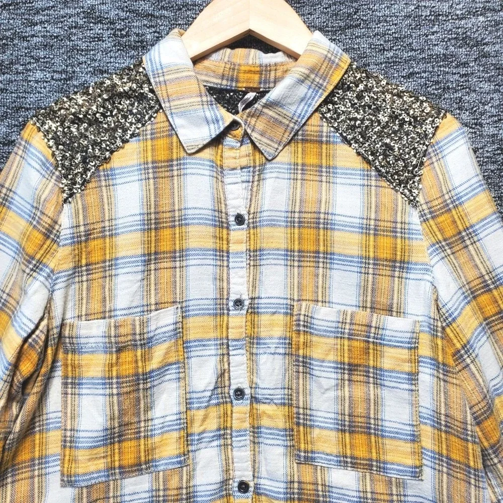 Free People Little Bit of Sugar Plaid Flannel Shirt Women L Yellow Sequin Button