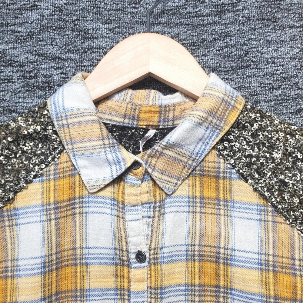 Free People Little Bit of Sugar Plaid Flannel Shirt Women L Yellow Sequin Button