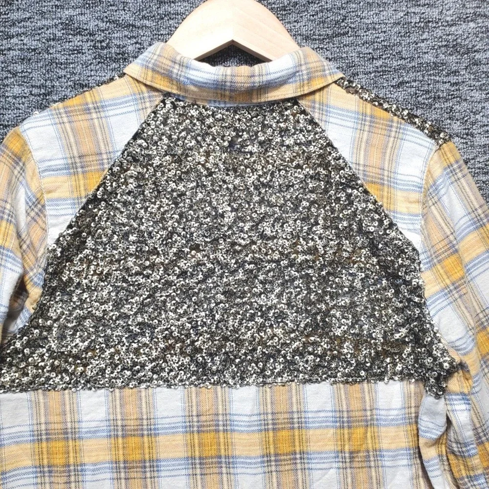 Free People Little Bit of Sugar Plaid Flannel Shirt Women L Yellow Sequin Button