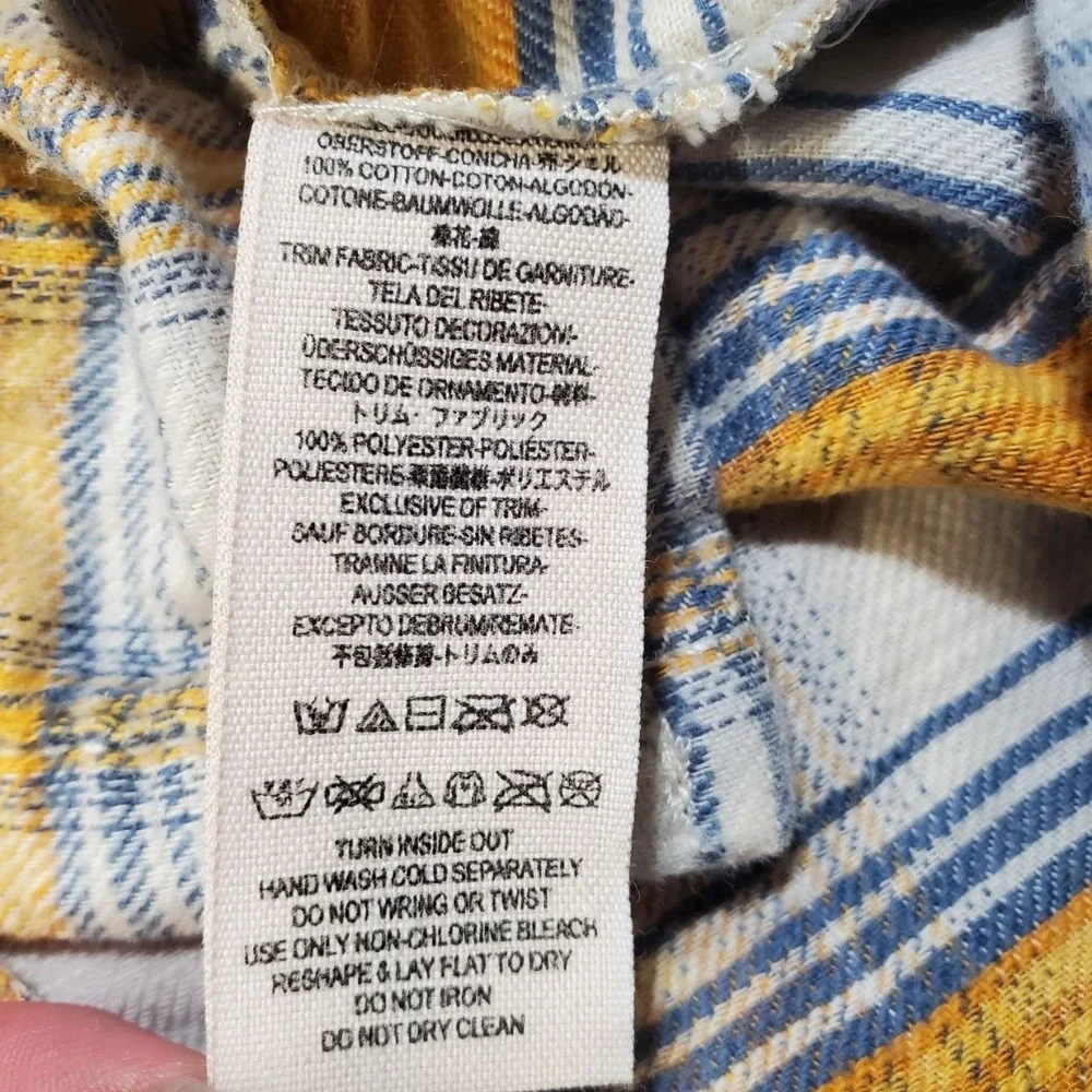 Free People Little Bit of Sugar Plaid Flannel Shirt Women L Yellow Sequin Button