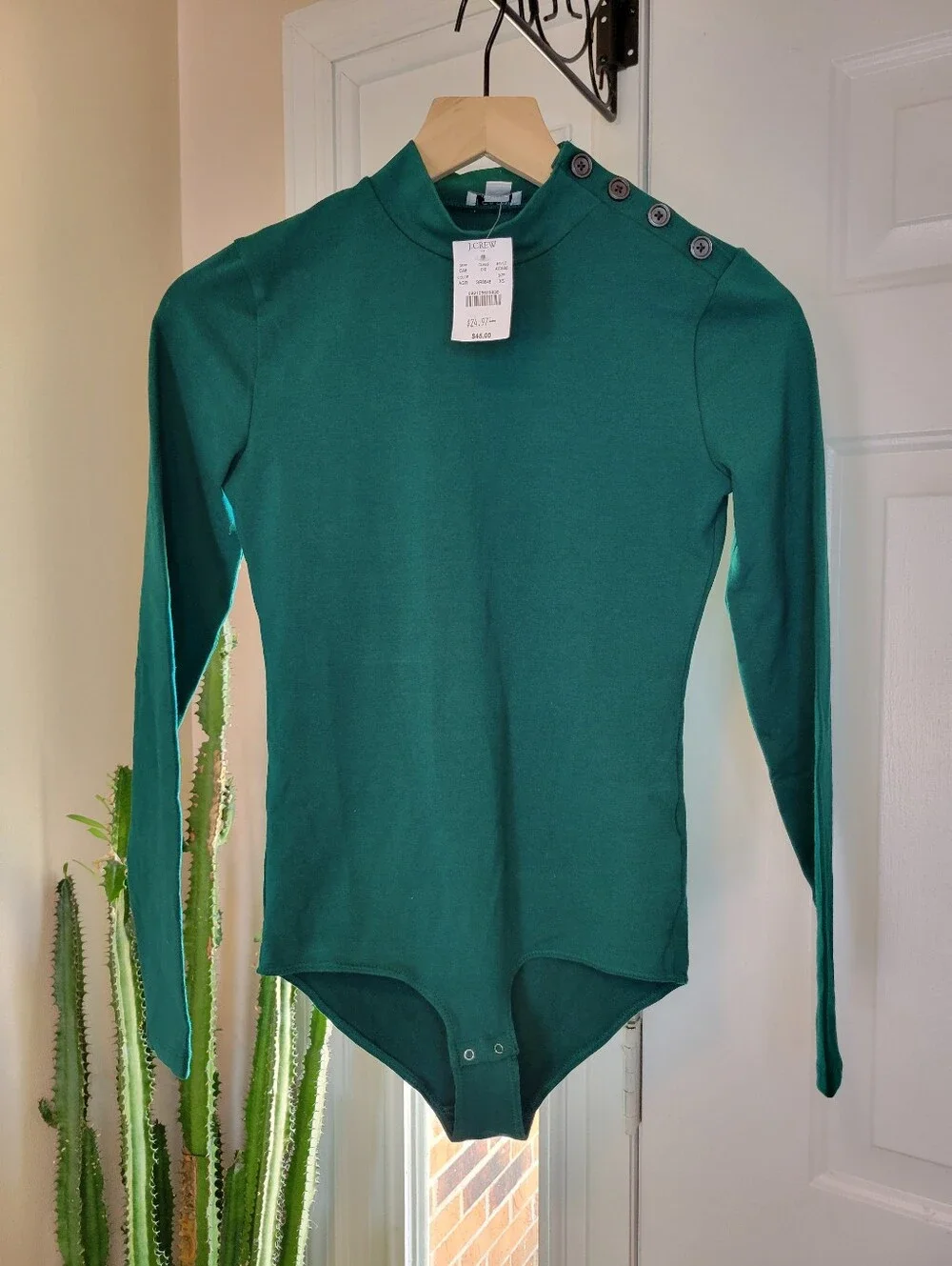 NWT J. Crew Green Mock Neck Thick‎ Stretchy Bodysuit, Size Womens XS NEW