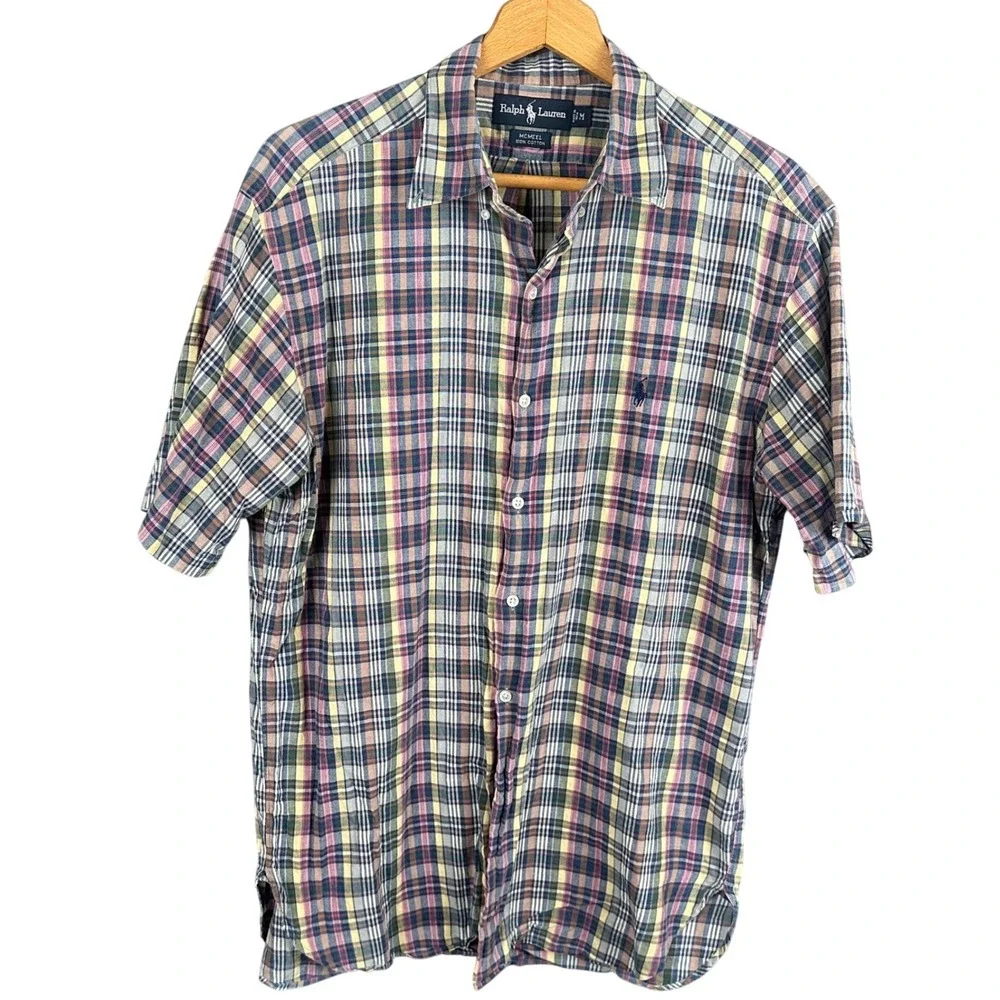 Ralph Lauren McMeel Mens Plaid Short Sleeve Button Down Shirt Multi-Color Medium