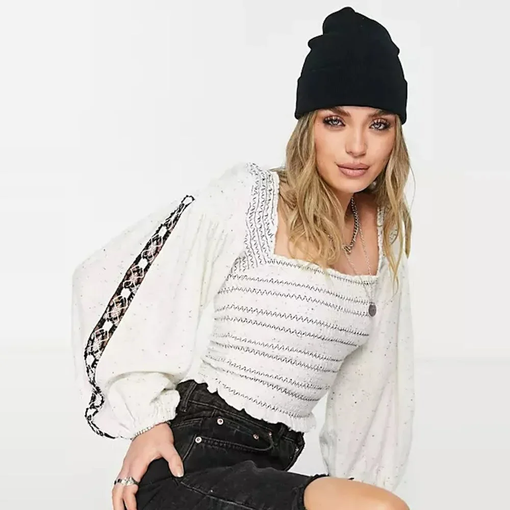 NWT New $148 Free People Maggie Embroidered Shirred Ivory Blouse Top Size L
