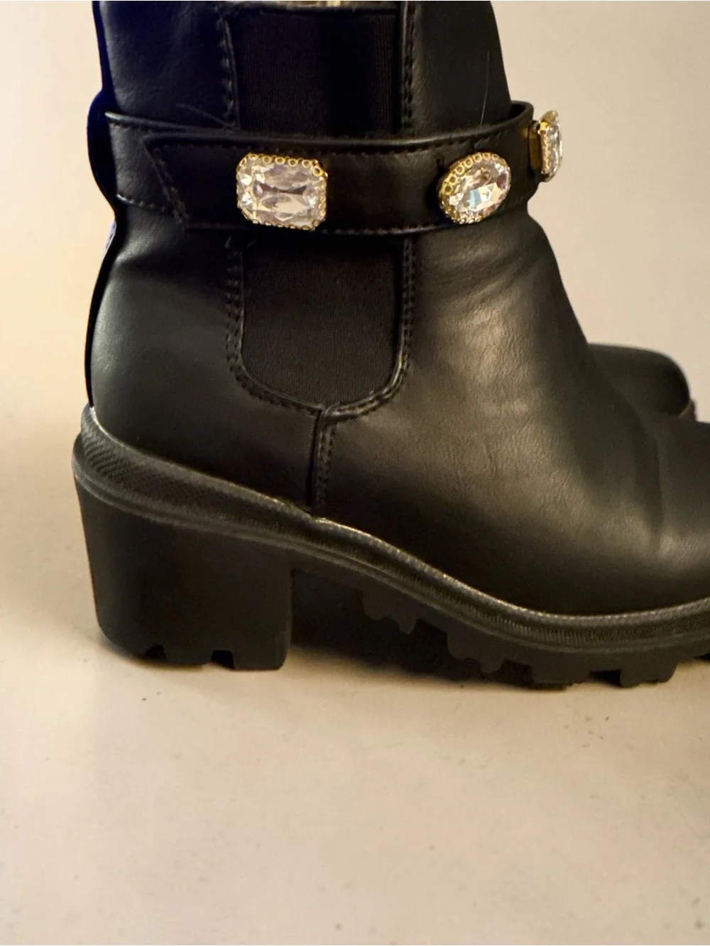 Nicole Miller Black Chelsea Ankle Boots Rhinestone Strap Block Heel Lug Sole 6