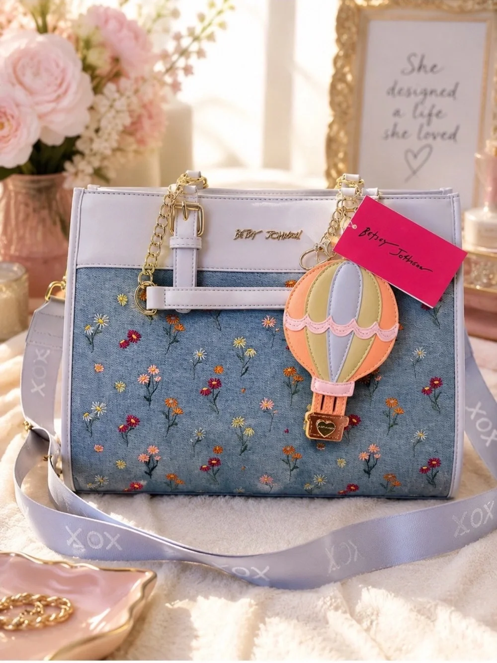 Betsey Johnson Denim Floral Satchel with Pastel Hot Air Balloon Charm NWT