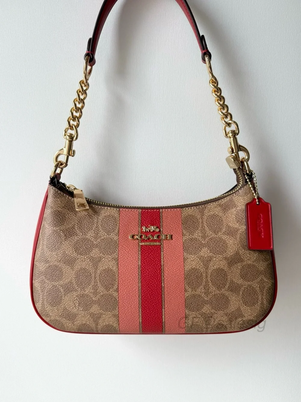 Coach Teri Shoulder Bag In Signature Canvas With Stripe Gold/Tan CAL81 NWT