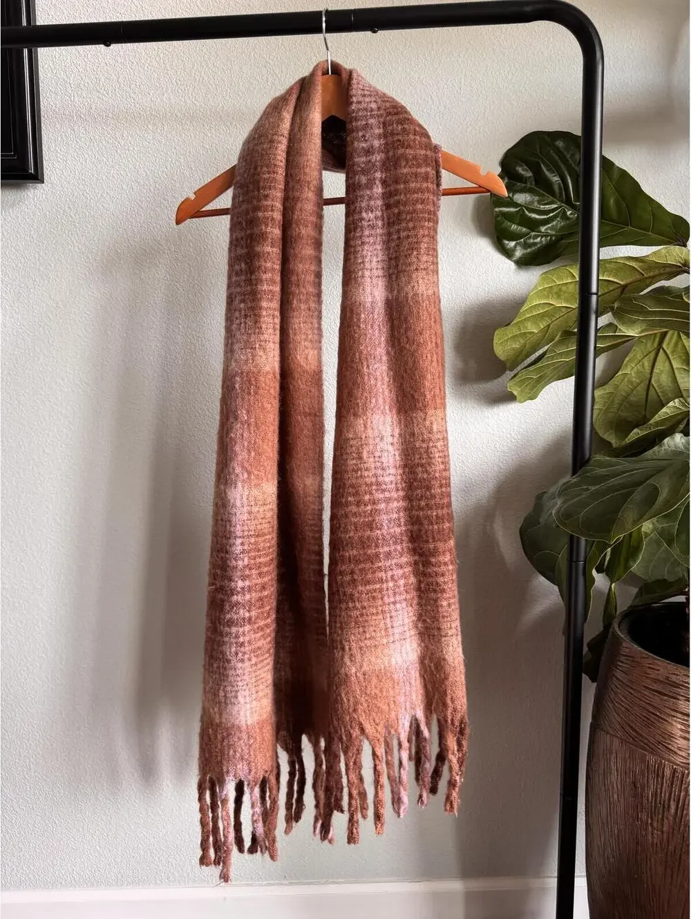Steve Madden Brown Pink Plaid Fringe Scarf Soft Fuzzy Winter Wrap One Size