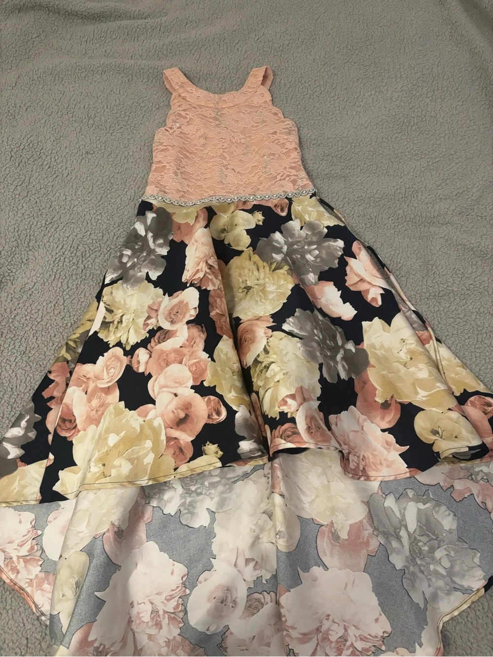 Girls Pink Lace Bodice Floral High-Low Dress