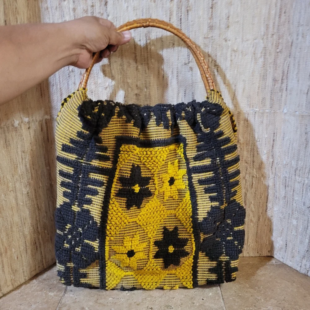 Vtg Handmade  yellow & black Woven Carpet Bag w/Wicker Handles