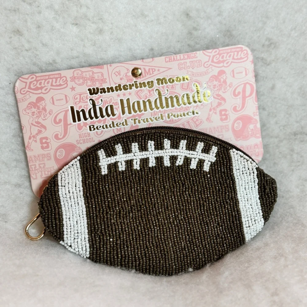 Wandering Moon India‎ Handmade Glass Football Beaded Travel Brown Pouch - NEW