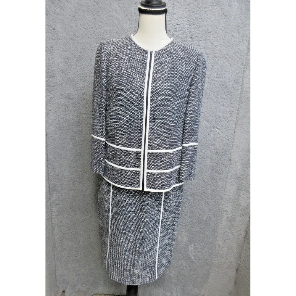 Lafayette 148 New York Dress Jacket Suit Set Womens 8/S Blue‎ Tweed Piped