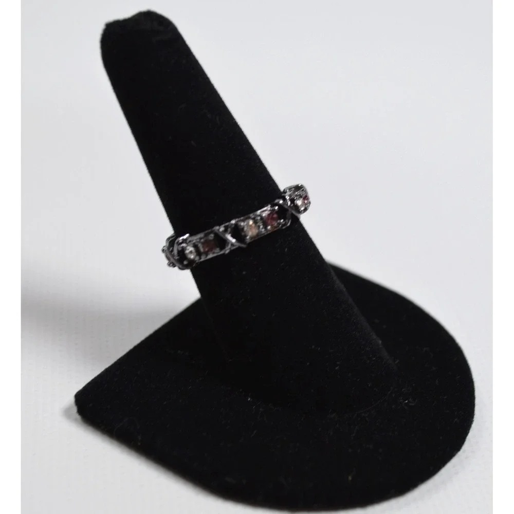 Silver Tone Band Ring with Clear & Light Pink Setting Size‎ 7.5 Cutout Design