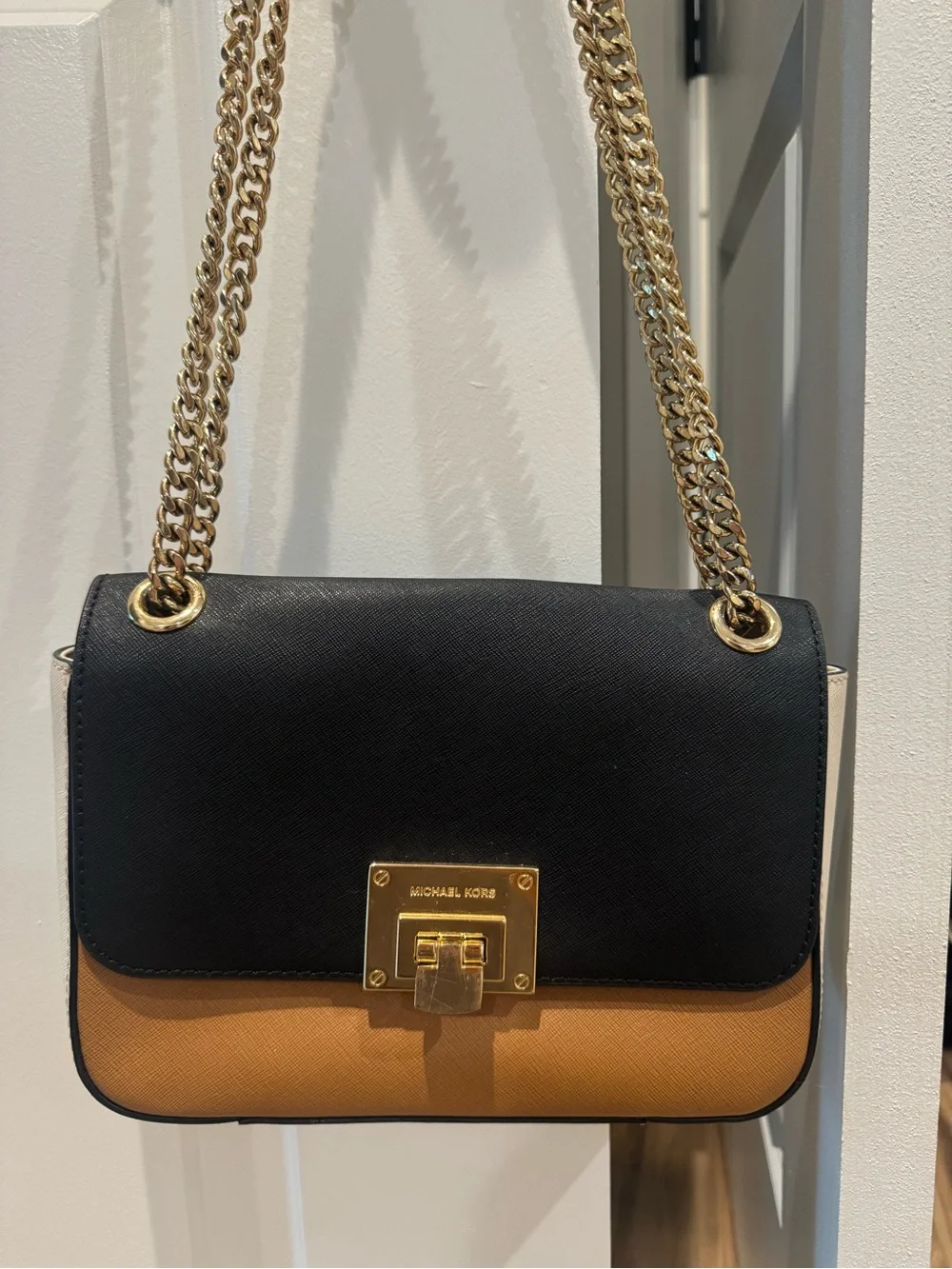 Michael Kors Black and Tan Chain Shoulder Bag with Gold Hardware