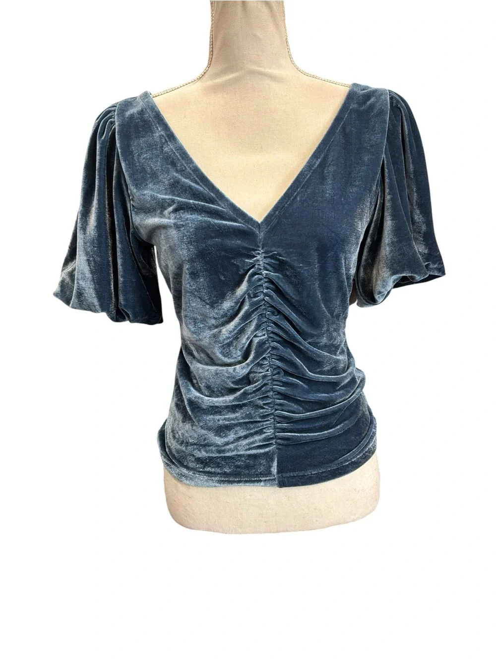 Free People Velvet Ruched Puff Sleeve V-Neck Top Blue Gray Small NWT