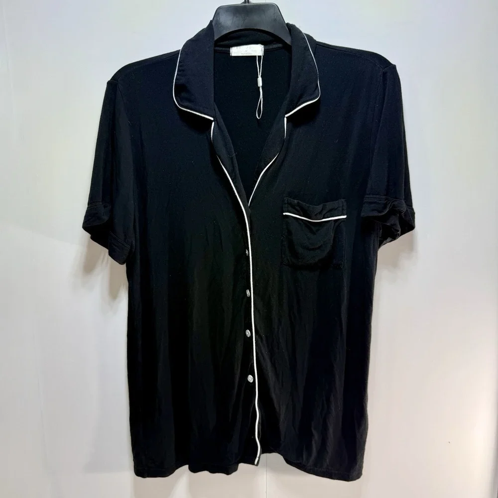 Ekouaer‎ Women's Black Pajamas Shirt Button Front Short Sleeve Size XL