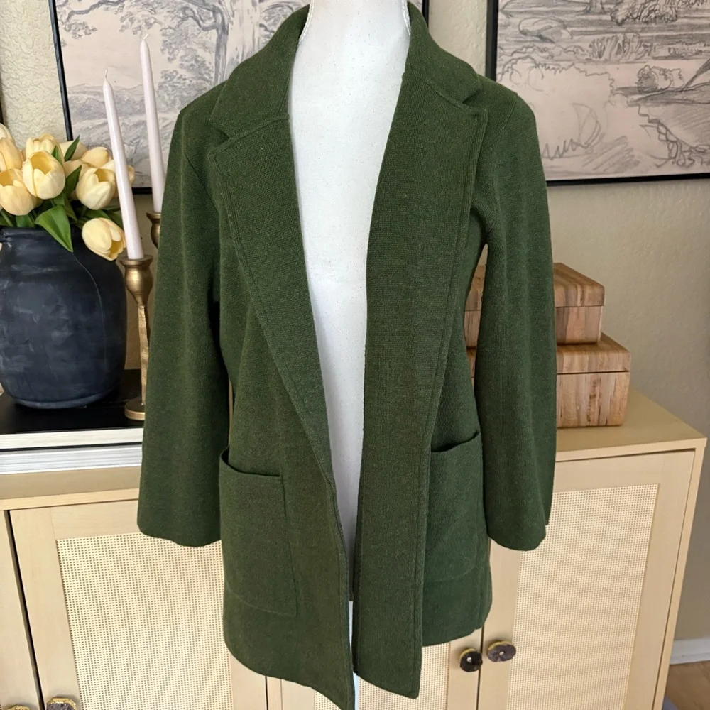 J CREW Green Sophie Open Front‎ Sweater Blazer Cotton Wool Blend Size XS
